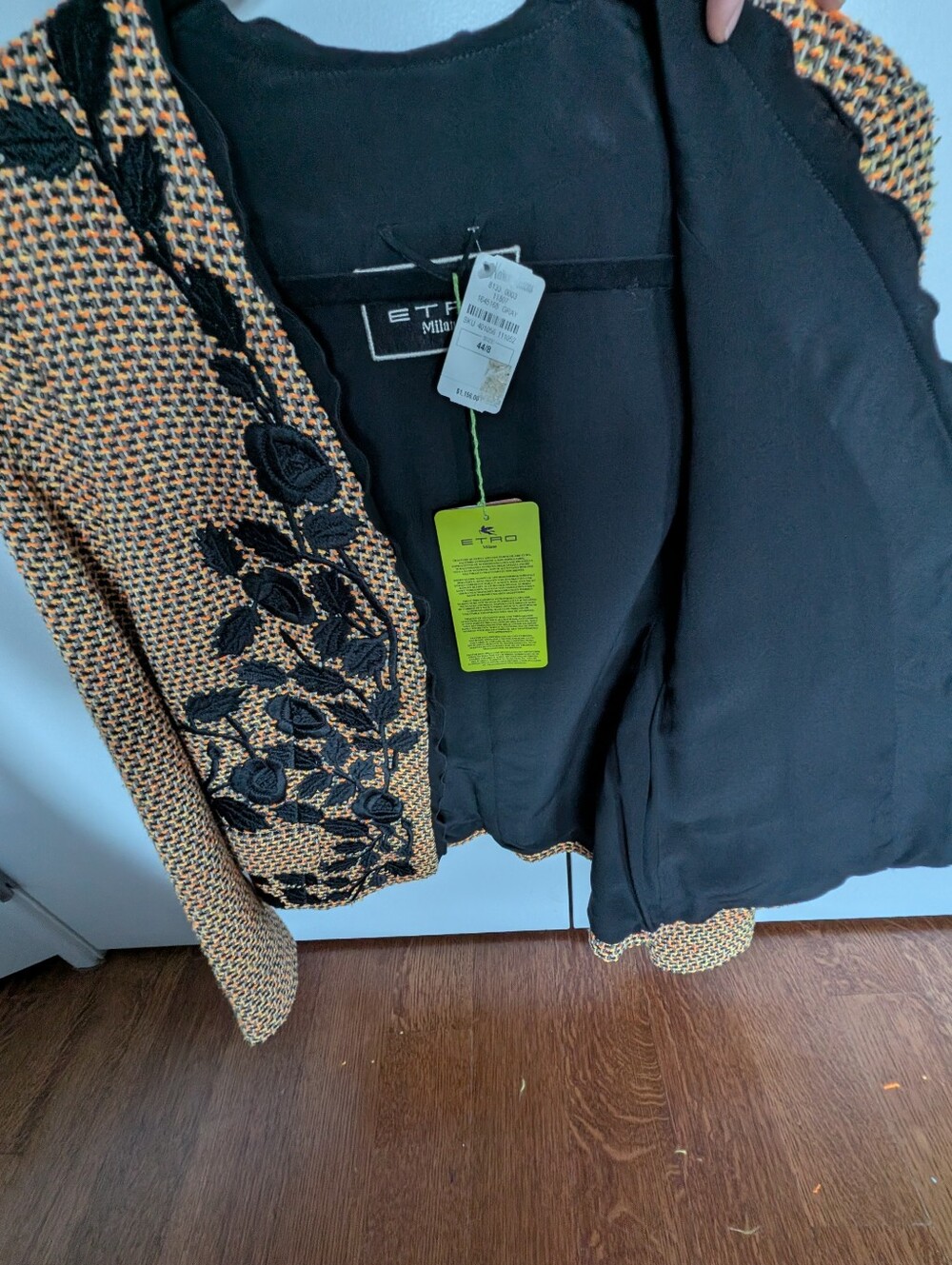 Etro Black Embroidered Orange Yellow Tweed Blazer Jacket EU 44 US 8 - Picture 6 of 7